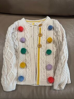Mini Boden Cream Cable-Knit Cardigan with Colorful Pom-Poms